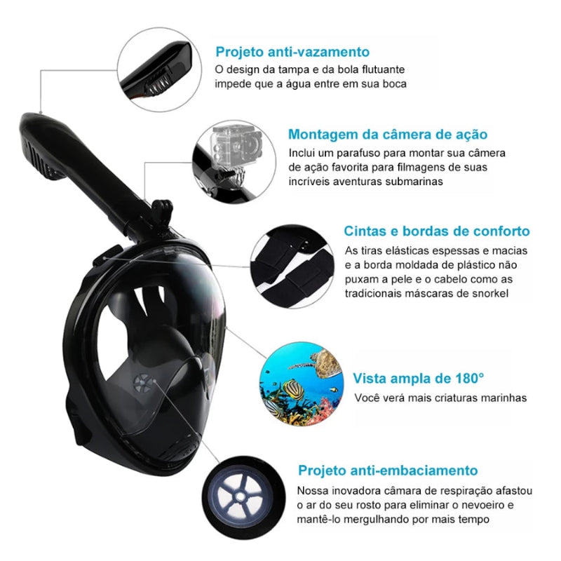 Máscara De Mergulho Snorkel Full Face Suporte Gopro Câmera